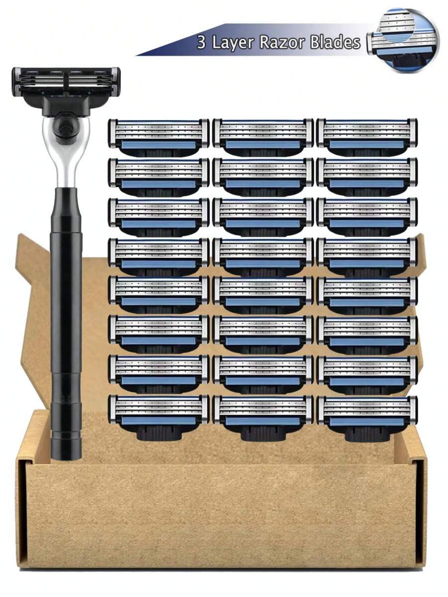 男士剃须刀套装，1 个手柄 + 24 个刀片替换装，3 层精密激光切割边缘，清洁无刺激，易于清洁，防刮设计 - 居家和旅行必备 - 彩色 - 查看 1