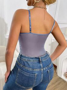 EZNV 1pc Fashionable Lace Trim Bodysuit, Supportive & Fitted - Dusty Blue - View 4