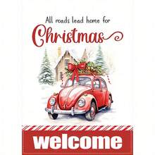Joyful Double-Sided Christmas Garden Flag: Red Beetle Car Welcomes Winter Holiday - Waterproof, Burlap And Washable