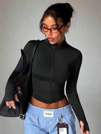 Women's Solid Color Stand Collar Zipper Long Sleeve Thumb Hole Minimalist Fashion Sports Jacket