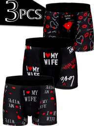 3pcs Men's Heart Pattern Breathable Comfortable Elastic Briefs, Swim Trunks, Sports Shorts, Novelty Underwear, Cycling Shorts