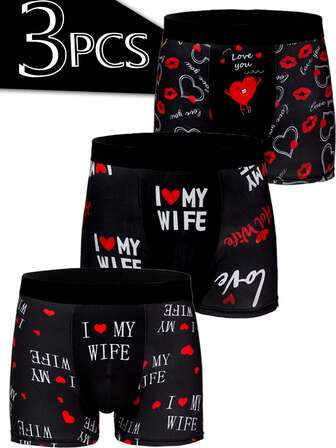 3pcs Men's Heart Pattern Breathable Comfortable Elastic Briefs, Swim Trunks, Sports Shorts, Novelty Underwear, Cycling Shorts