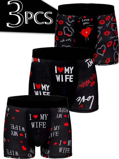 3pcs Men's Heart Pattern Breathable Comfortable Elastic Briefs, Swim Trunks, Sports Shorts, Novelty Underwear, Cycling Shorts