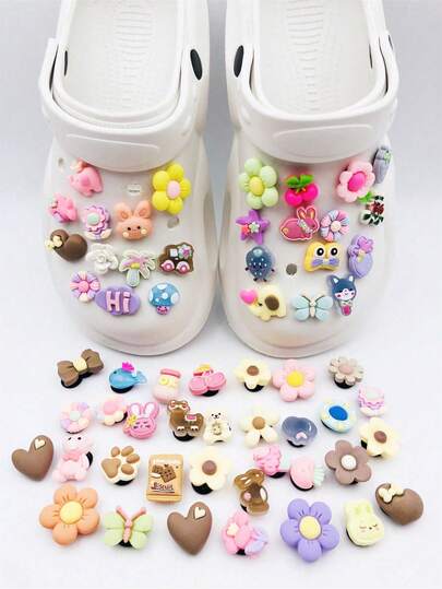 30pcs/Set Cartoon Resin Bear & Flower Decor DIY Slippers & Sandals Accessories (Random Pattern)