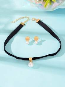 3 Pcs Fashion Accessories Women Black Velvet Choker Necklace And Round Stud Earrings Party Prom Jewelry Set