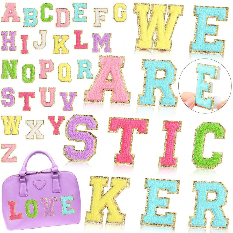 Chenille Letter Patches Bulk Self Adhesive Chenille Letters For Backpacks Embroidered Applique Patch For Clothing Hats Bags Easter Day Graduation Birthday Party(Multicolor) - bảng chữ cái - Xem 1
