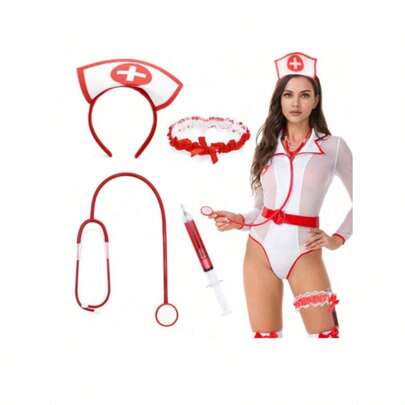 1 Set sexy Krankenschwester Kostüm mit Haarband, Stethoskop, Halloween Medizin Outfit mit Spritze Make-up Requisiten