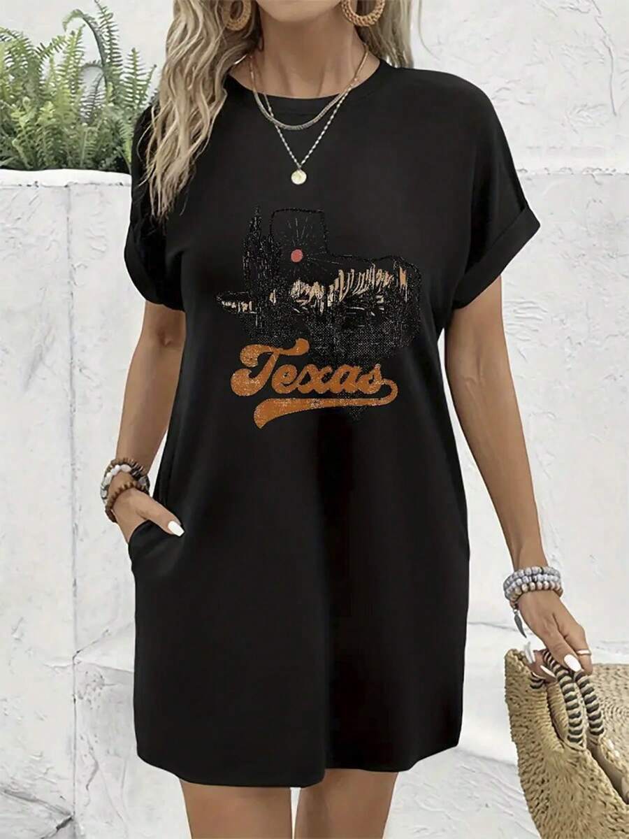 Printed T-Shirt Dress, Overseas Printing, Texas Flag Landscape Letter Printed Women's T-Shirt Skirt Short Sleeve Round Neck Casual Loose Over Knee, Pocket, Short Sleeve Dress, Spring And Summer Beach Wear - 黑色 - 查看 1
