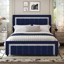 Twin/ Full/ Queen/ King Bed Frame With Headboard And Footboard, Velvet Upholstered Platform Bed Frame With Diamond Design, No Box Spring Needed, Easy Assembly, Black/ White/ Pink/ Blue/ Green, Twin/ Full/ Queen/ King - 藍色 - 查看 12