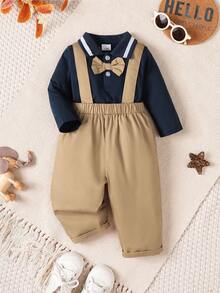 2 件秋冬男婴绅士装，户外休闲适用针织海军蓝领结领衬衫 + 休闲背带裤套装 - 藏藍色 - 查看 3