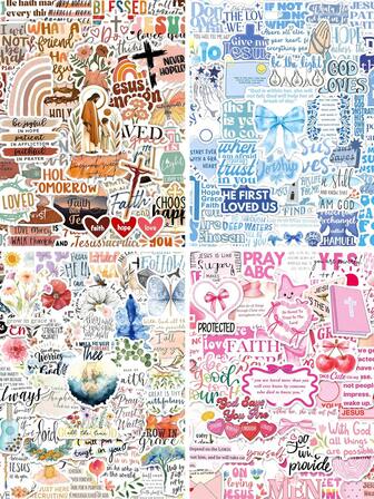 50/200PCS Jesus Phrase Bible Inspirational Quotes Graffiti Stickers Cartoon Aesthetic Style Waterproof PVC Material Can Be Reused For IPad, Guitar, Kettle Sticker, Phone Case, Waterproof, Party Decoration, Luggage, School Season, Graduation Season, TV Girl, Office Decoration