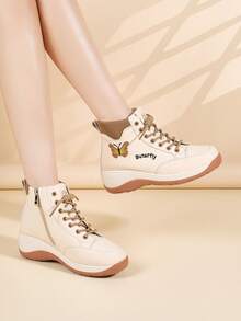 新款秋冬女士厚底时尚靴子，系带蝴蝶侧拉链百搭轻便防滑软底舒适休闲踝靴