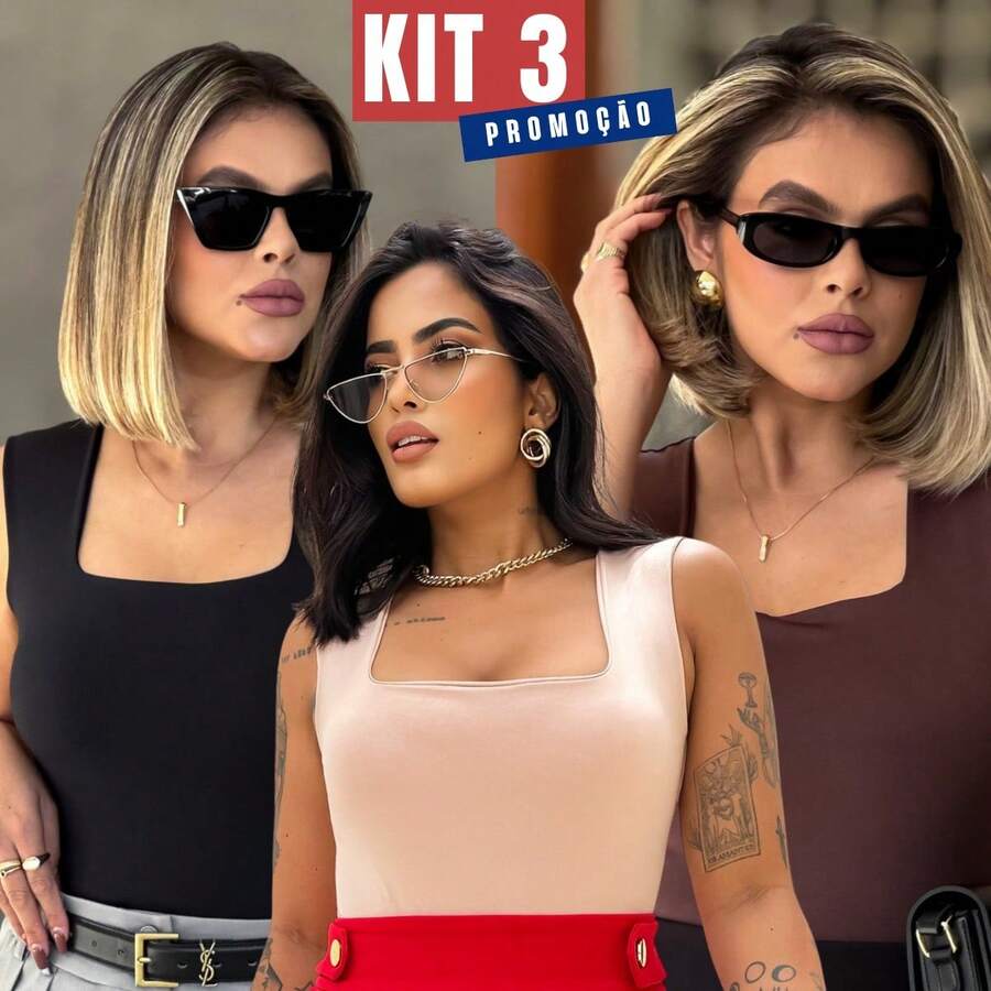 KIT 3 Blusa Regata Feminina Básica com Decote Quadrado Justa ao Corpo Confortável - PRETO/PRETO/MARROM - Visão 1
