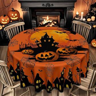 1/36 st Halloween-tecknad pumpa, fladdermus, spindelnät, slottmönster Rektangulär och rund bordsduk, lämplig för högtidsfester, familjesammankomster, festlig dekor, kök, matsal, vardagsrum, hotellbankett