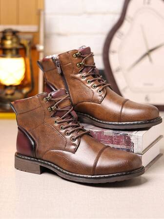 Men's Vintage Western Cowboy Boots, Chunky Work Motorcycle Boots