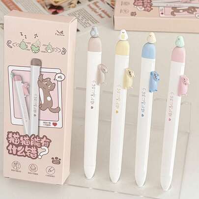4pcs/Set Cute Cat Design Retractable Ballpoint Pens, 0.5mm Ink Refill, Neutral Pen Set Suitable For Students