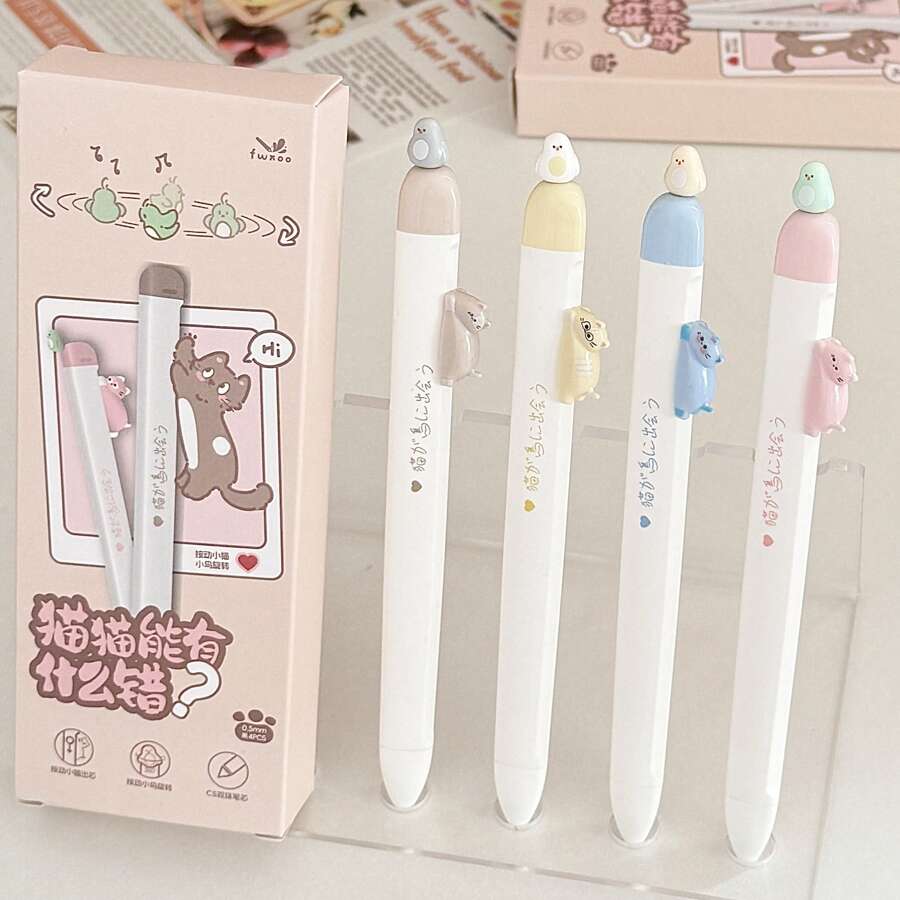 4pcs/Set Cute Cat Design Retractable Ballpoint Pens, Neutral Pens With 0.5mm Refill, Suitable For Students