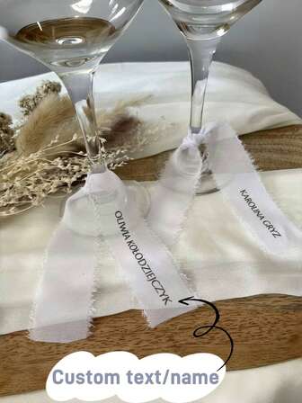 Customized Personalized Text, Name, Wedding Chiffon Ribbon Seating Cards, Ribbon Name Place Cards, Personalized Drink Labels, Bridesmaid Personalized Ribbon Champagne Flutes, Bridesmaid Gifts, Personalized Ribbons, Bride Ribbon, Personalized Champagne Flute Ribbons, Wedding Preparation Glass Bow, Bachelorette Party Drink Tags, Special Occasions. Personalized Handmade Stamps, Ribbon Name Tags, Place Cards