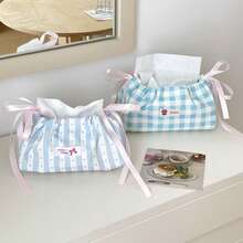 Korean Ins Style Drawstring Tissue Box, Blue & White Plaid Fabric Storage Bag, Atmosphere Decor For Desk, Suitable For Coffee Table, Dining Table, Car - Simple & Fashionable Home Essential - Multicolor - View 9