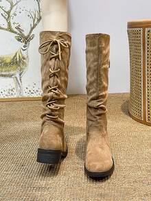 女式新款复古系带绒面高筒靴，秋冬粗跟马靴，褶皱休闲中筒靴，黑色