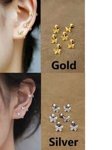 6/12 件/套优雅简约女士耳环，钛钢镶嵌人造锆石耳钉，闪亮且方便穿耳环