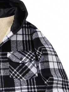 Men's Fashion Plaid Symmetrical Button Front Flap Pocket Cuff Button Design Curved Hem Outdoor Casual Versatile Thermal Lined Hooded Jacket, Fall/Winter