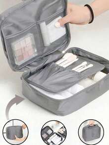 1pc Double Layer Makeup Brush Holder Bag, Multi-Functional Travel Cosmetic Bag, Waterproof Makeup Bag, Large Capacity Makeup Pouch, Portable Cosmetic Organizer Bag For Makeup Brushes, Lipstick, Foundation, Skincare Tools, Double Layer, Large Capacity, Waterproof, Polyester Material, Portable, Foldable, Travel Essential, Holiday Essential, Bedroom Decor, Autumn Decor, Gift For Friends & Teachers, Birthday Gift