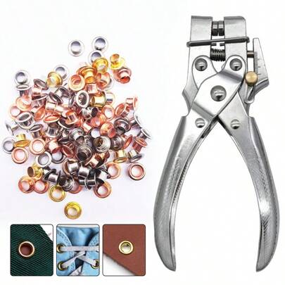 Eyelet Plier Punch Tool Hole Maker Leather Craft Kit + 100 Brass Eyelets Silver