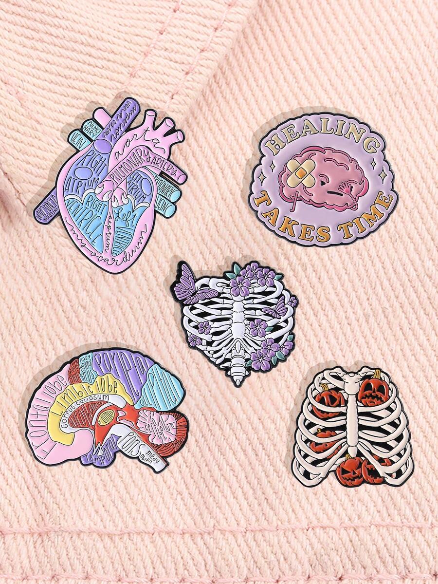 Set de 5 broches de esmalte con diseños de flor de órgano, que incluyen corazón, cerebro, pulmón, planta, mariposa, insignia de solapa, insignia de poder, accesorios médicos, regalo punk - Multicolor - Ver 1
