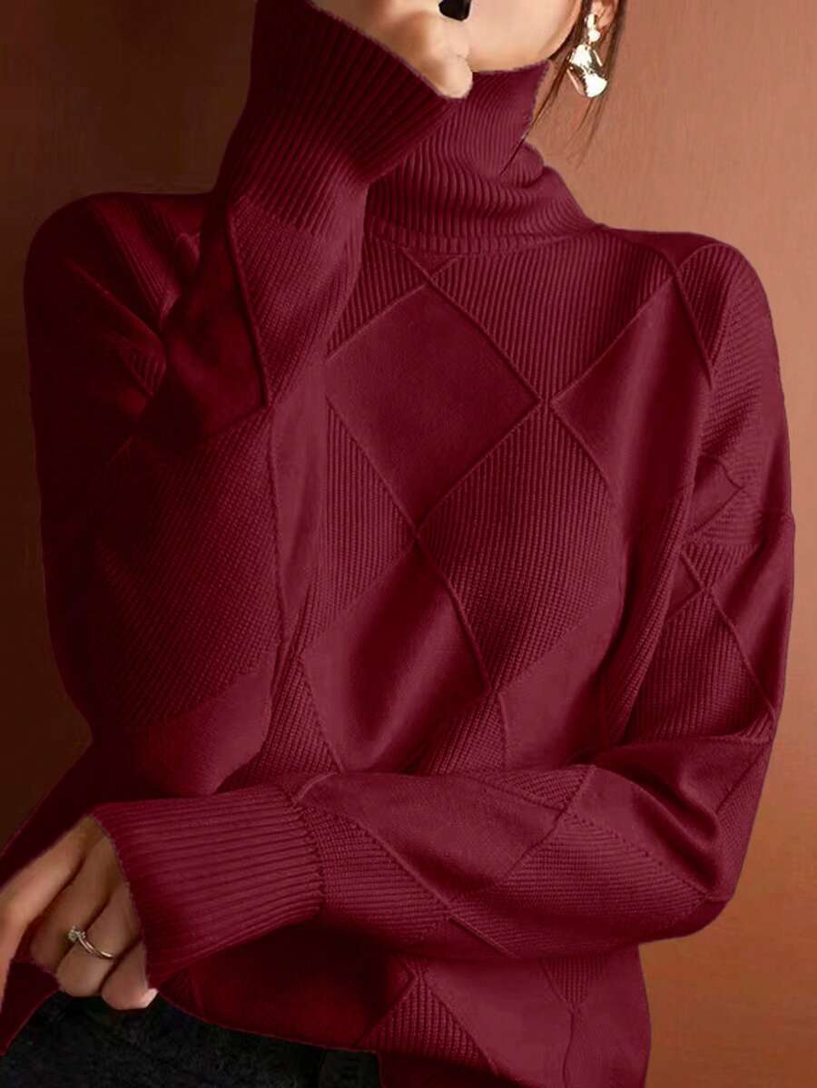 Plus Size Women Solid High Neck Long Sleeve Pullover Sweater, Autumn/Winter - 酒紅色 - 查看 1