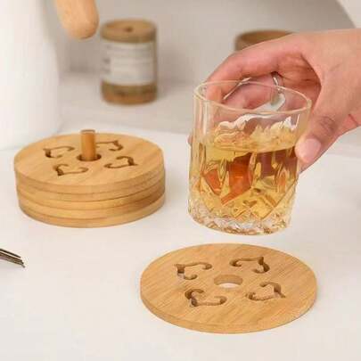 6pcs Bamboo Insulation Pads, Minimalist Table Coasters, Kitchen Table Mats, Drink Coasters With Holder, Water Cup Mat With Storage Rack, Meal Mat Heat Insulation Pads, Placemats, Non-Slip Pads, Practical Kitchen Tools