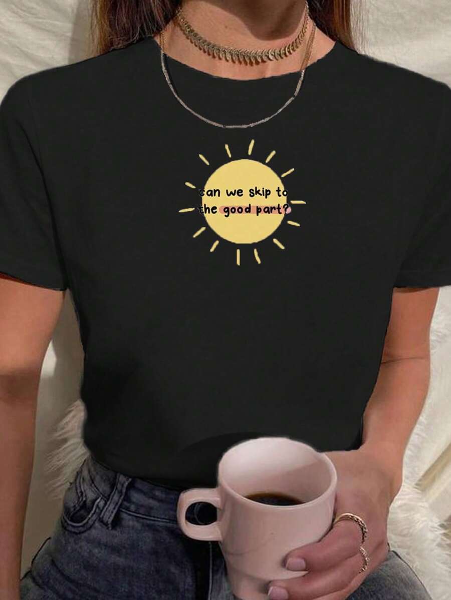 Camiseta Baby Look T Shirt Frases Sol Podemos Pular Pra Parte Boa Várias Cores 100% Algodão - Preto - Visão 1