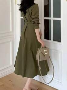 French Style Lace-Up Waist Dress For Women, New Design Elegant Lady Vibe Dress, Autumn/Winter Spring - Green - View 3