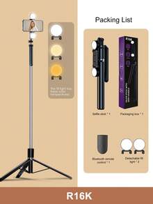66.9英寸/170厘米蓝牙遥控合金自拍杆，带LED补光灯，适用于视频拍摄和生活记录，可伸缩，360°旋转，防抖，可折叠便携三脚架自拍杆