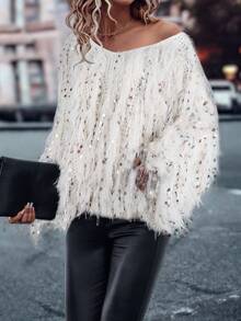 宽松版型女士秋冬奢华流苏亮片针织衫 - 超V领派对上衣 | 优雅欧式晚礼服