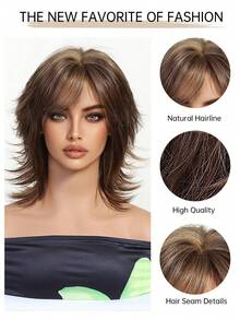 Short Straight Mullet Wig Pixie Cut Wigs For Women With Shaggy Layers And Bangs, Natural Straight Hair, Retro Cosplay Wigs Suitable For Multiple Occasions Universal Fit Perfect For Halloween Suitable For All People - màu nâu - Xem 7