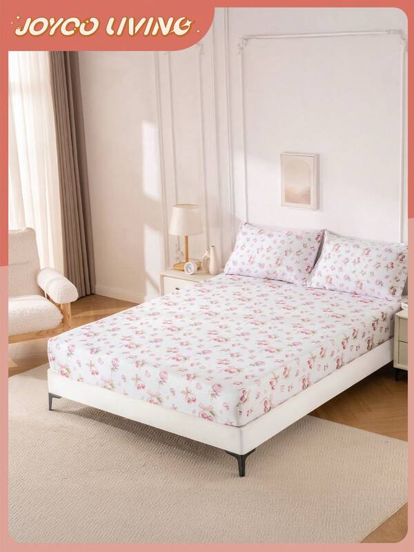 1 pieza Sábana ajustada con estampado digital, ropa de cama, protector de colchón, cubrecama, sábana, decoración de otoño, patrón de flores rosas, ideal para niñas, textil para el hogar acogedor, protector de colchón transpirable y anti-pelusas, suave y amigable con la piel