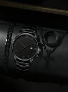 1 件装时尚商务男士石英表，简约圆形表盘，固定尺寸表带，男士最佳礼物，适合假日和日常佩戴 - 黑色 - 查看 14