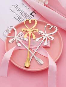 1 Piece/3 Pieces/6 Pieces Coffee Spoon, Long Handle Dessert Spoon, Heart Butterfly Coffee Spoon, Heart Bow Hanging Cup Spoon, Stainless Steel Coffee Stirring Spoon, Table Spoon, Stainless Steel Heart Bow Spoon, Stainless Steel Honey Spoon, Baking Spoon, Ice Cream Spoon, Heart-Shaped Design Spoon, Cute Spoon, Tea Spoon,