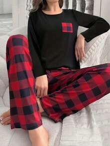 Women's Plaid Patchwork Round Neck Long Sleeve Top And Pants Pajama Set - Black - View 1