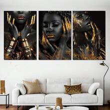 3 pièces Peinture moderne noir et or Femmes afro-américaines Toiles murales Affiches Portrait de reine noire Or Mode Image féminine exquise avec cadre Utilisé pour la décoration murale