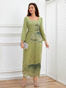 JINLICX Elegant Long Sleeve Square Neck Formal Dress, Suitable For Evening Gala, Party, Wedding - Green - View 4