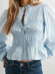 Women's Fall Button Down Blouses Casual Stylish Solid Shirred Ruffled Trim Bubble Long Sleeve Tops - Blue - View 4