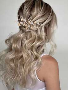 7pcs Handmade Gold Alloy Leaf, Faux Pearl & Flower Bridal Headpiece Set, Wedding/Party Hair Accessories Valentine's Day Accessories,Summer,Beach,Festival,Elegant - Gold - View 4