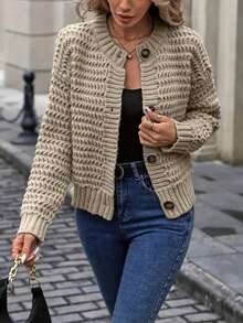 Crew Neck Open Front Long Sleeve Sweater, Autumn/Winter - Khaki - View 1