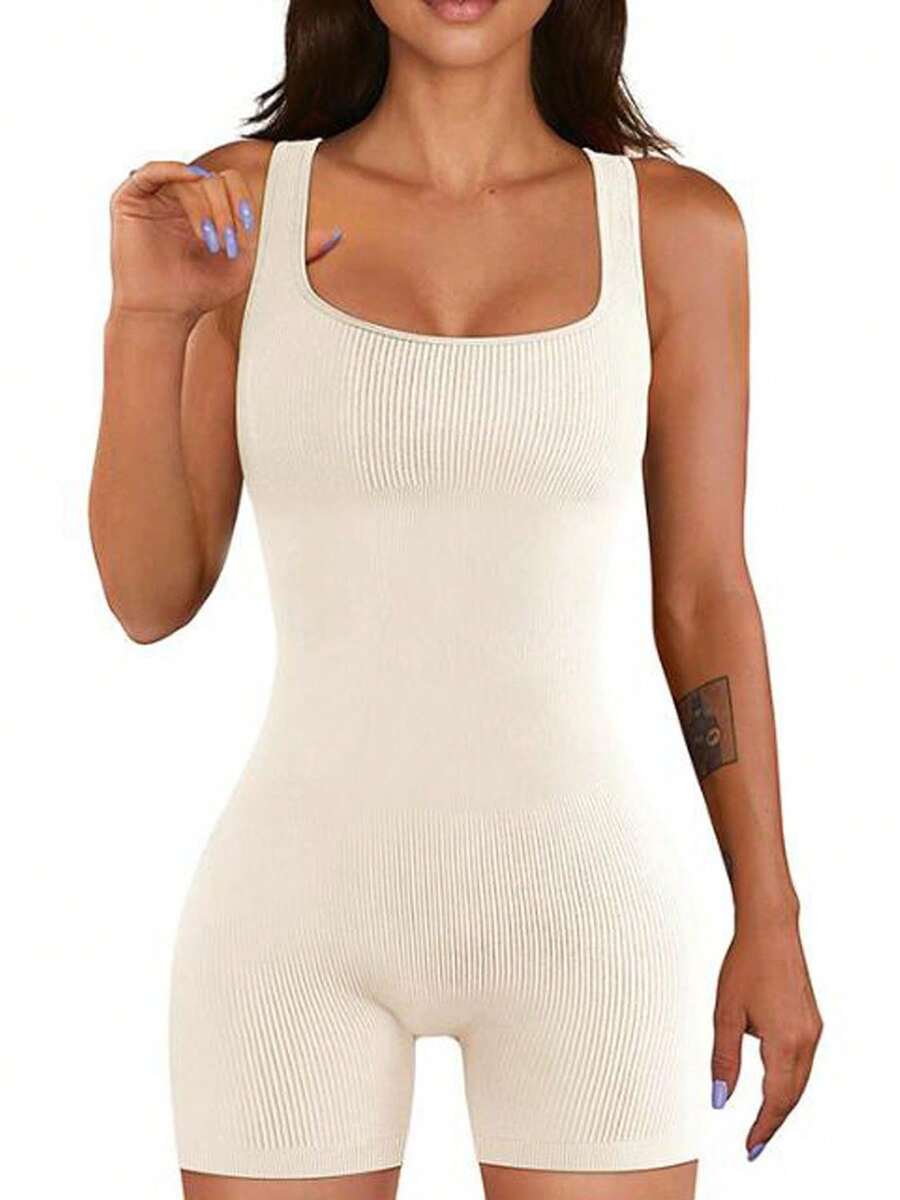 Women Yoga Romper Workout Ribbed Square Neck One Piece Seamless Tank Top Jumpsuit