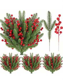 15/30/360PCS Artificial Flowers Foam Holly Christmas Pine Needles Bouquets Bouquets Christmas Red Fruit Fake Plants For Centerpieces For Room Decor,Winter Home Decoration, Halloween Decoration, Christmas Decoration, Birthday Gifts