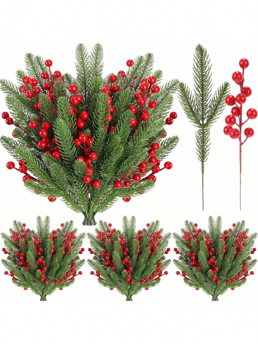 15/30/360PCS Artificial Flowers Foam Holly Christmas Pine Needles Bouquets Bouquets Christmas Red Fruit Fake Plants For Centerpieces For Room Decor,Winter Home Decoration, Halloween Decoration, Christmas Decoration, Birthday Gifts