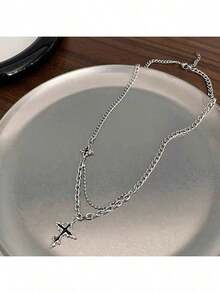 男士时尚双层十字架项链，可搭配毛衣和短袖，适合男士和年轻人佩戴，是送给男朋友和朋友的理想礼物。 - 銀色 - 查看 6