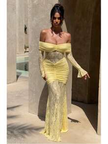 女士优雅浪漫蕾丝拼接露肩长袖美人鱼长裙